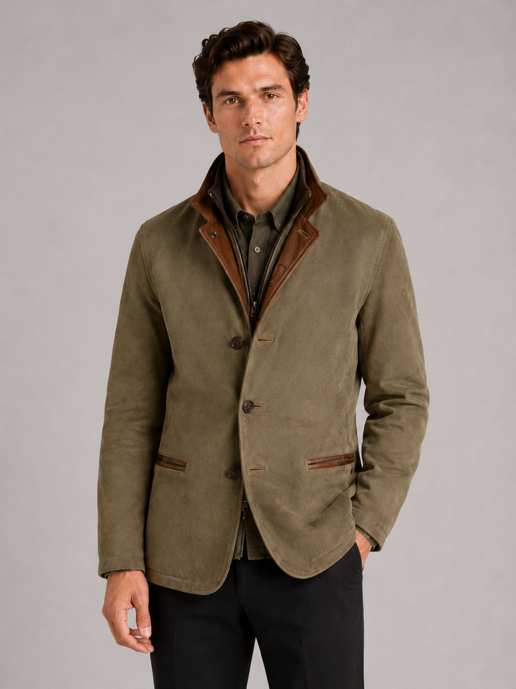 Men wearing green workwear fall jacket contrast color lapel casual streetwear style