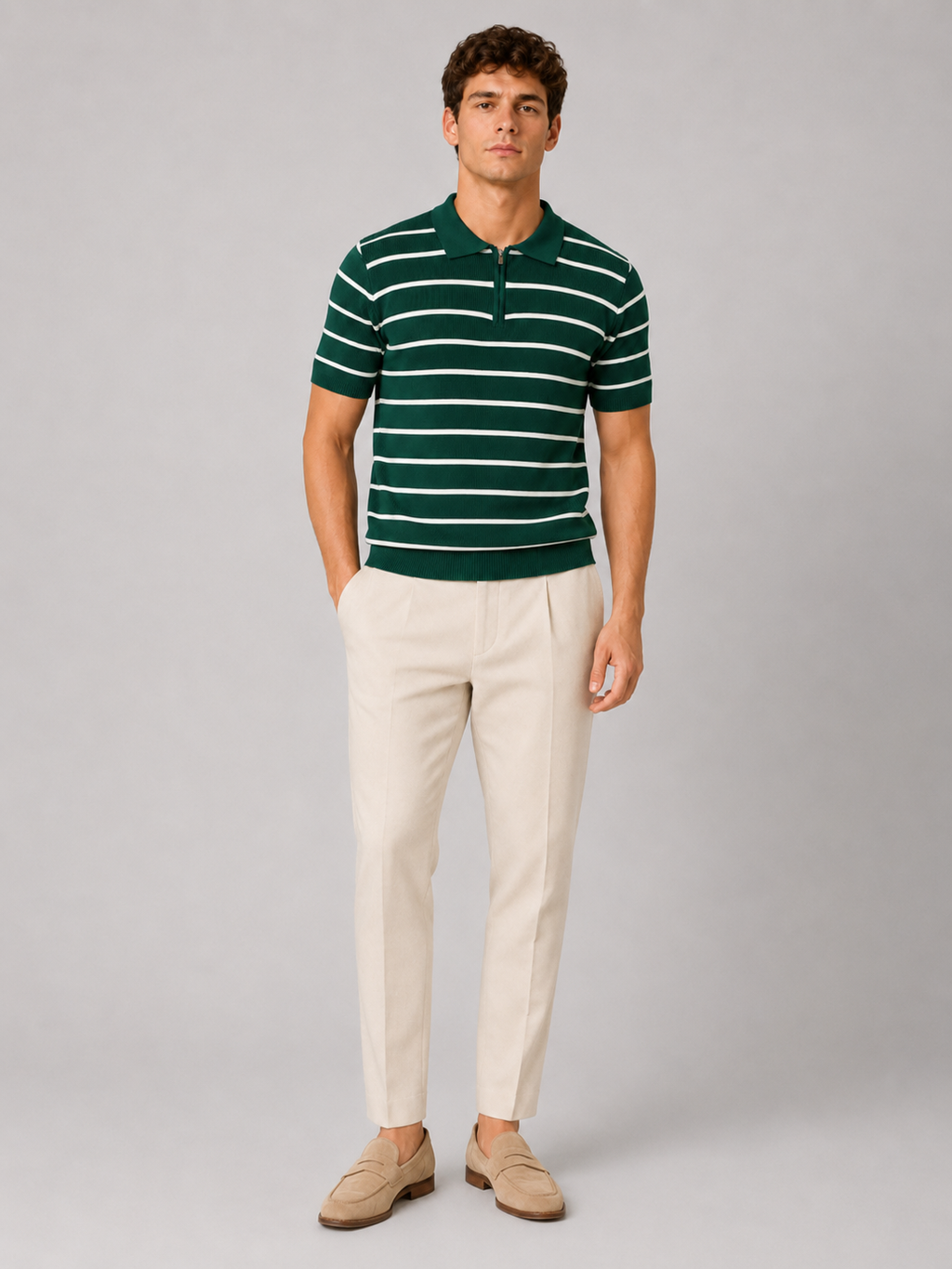 Men wearing green striped quarter zip knit polo shirt short sleeve lightweight summer style