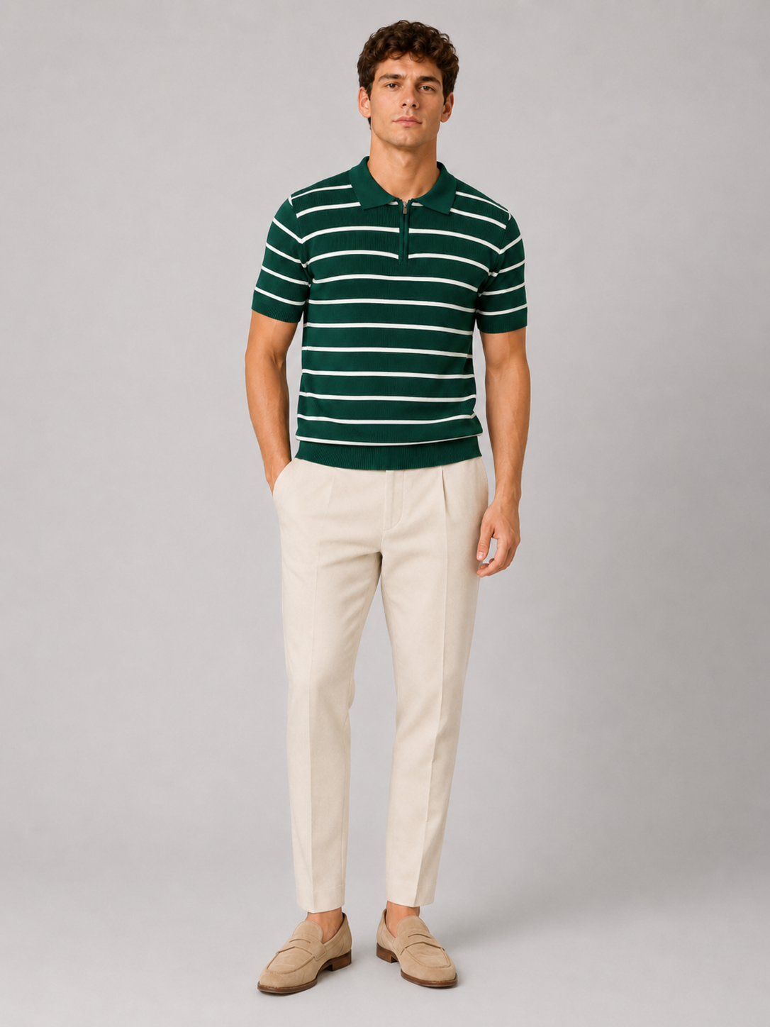 Men wearing green striped quarter zip knit polo shirt short sleeve lightweight summer style