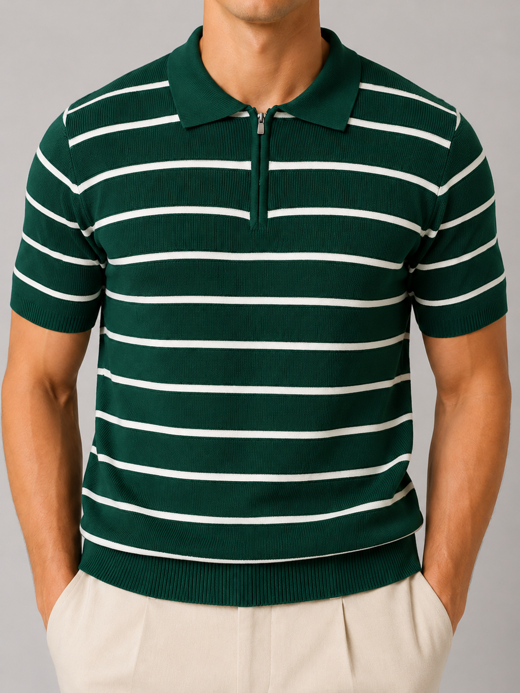 Green quarter zip knit polo shirt striped design refined summer top for casual office style