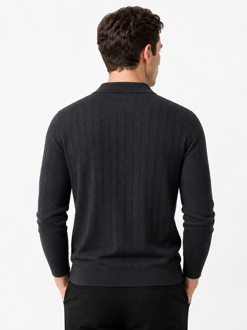 Men’s black long sleeve knit polo solid color classic top for business casual wear