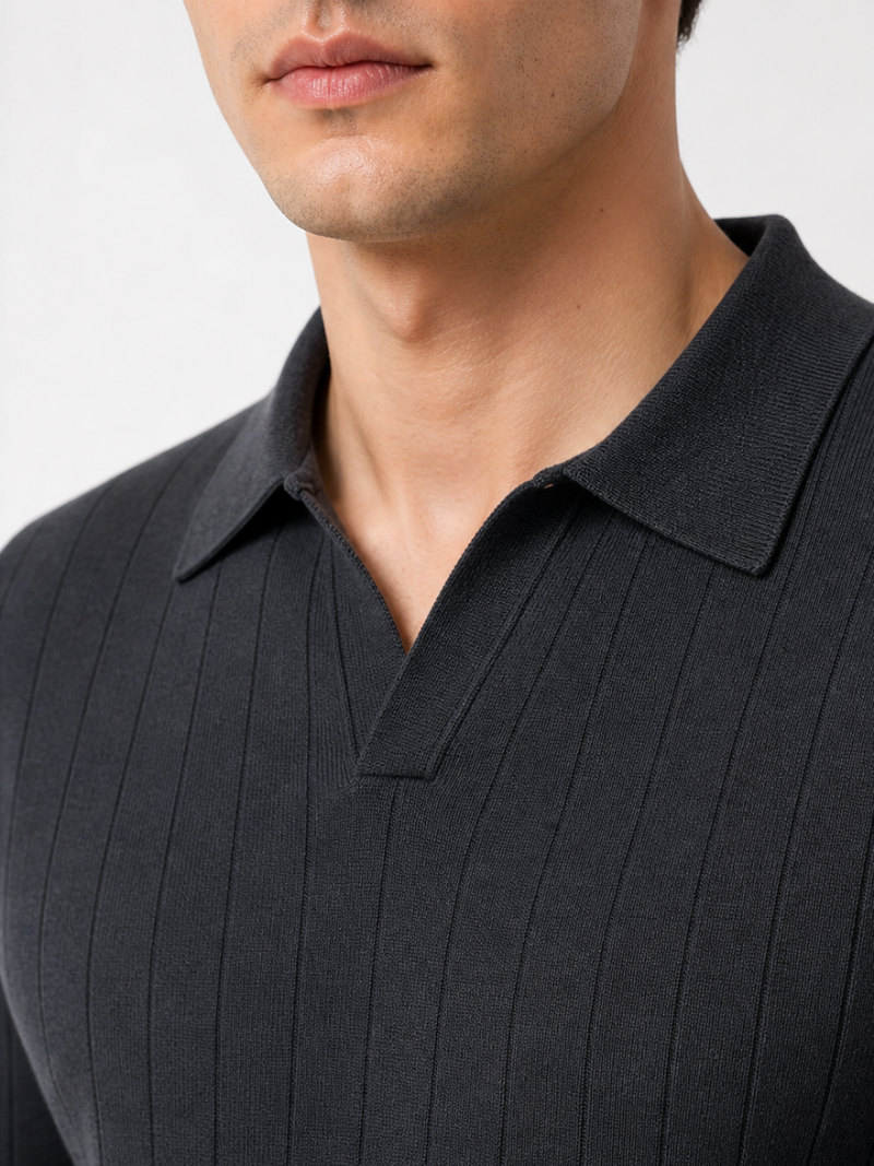 Black long sleeve jacquard polo shirt breathable knit fabric summer vacation style
