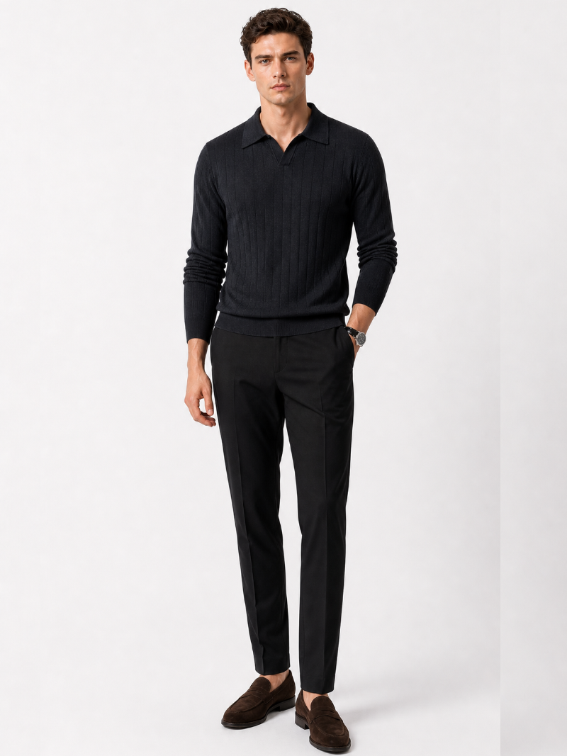 Black long sleeve jacquard polo shirt minimal refined knit top for modern smart casual look