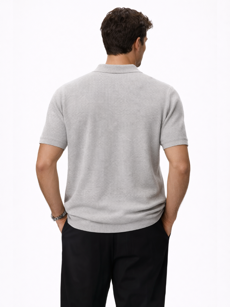 Men’s grey organic cotton mesh polo refined summer style breathable knit fabric