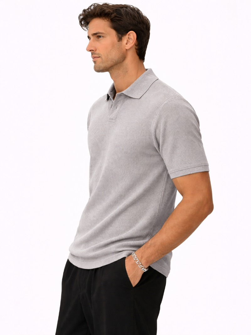 Classic Gray mesh knit polo shirt men organic cotton breathable summer outfit