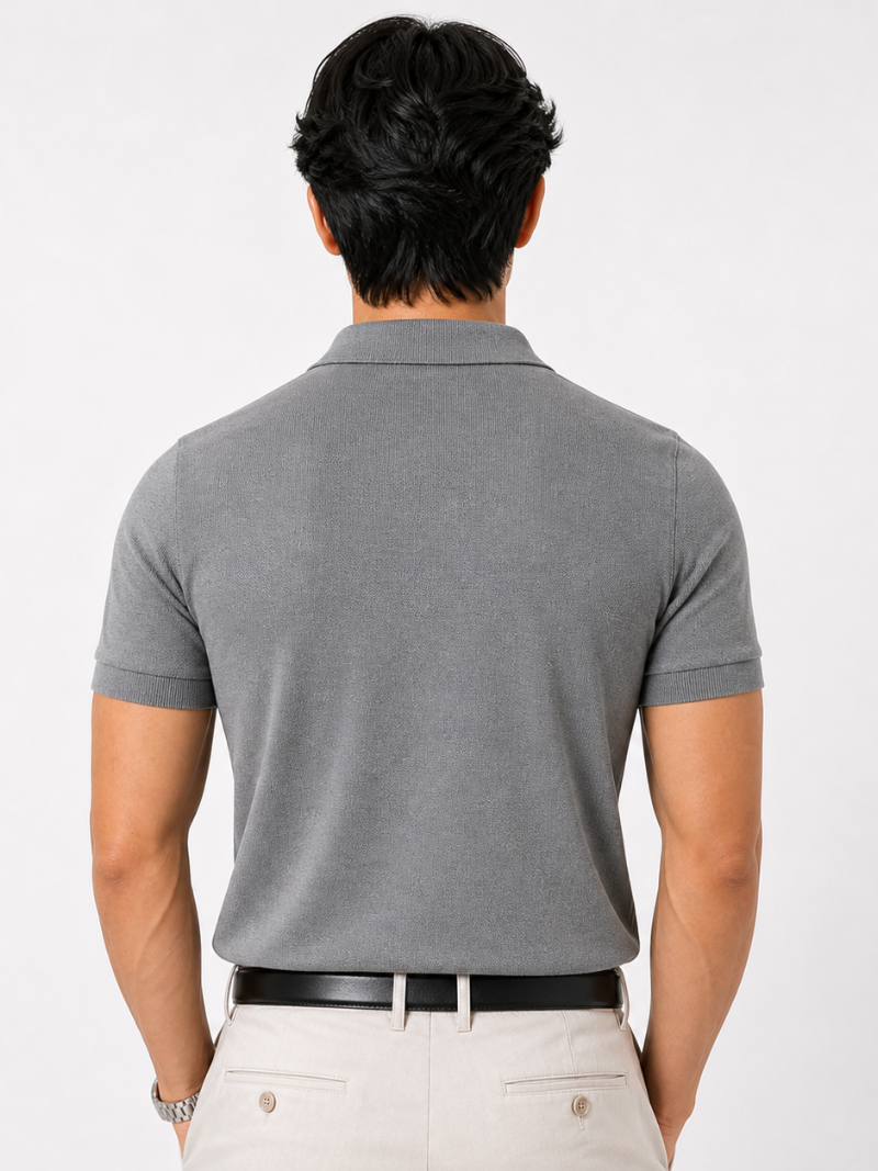 Grey quarter zip polo shirt for men soft breathable fabric refined smart casual outfit