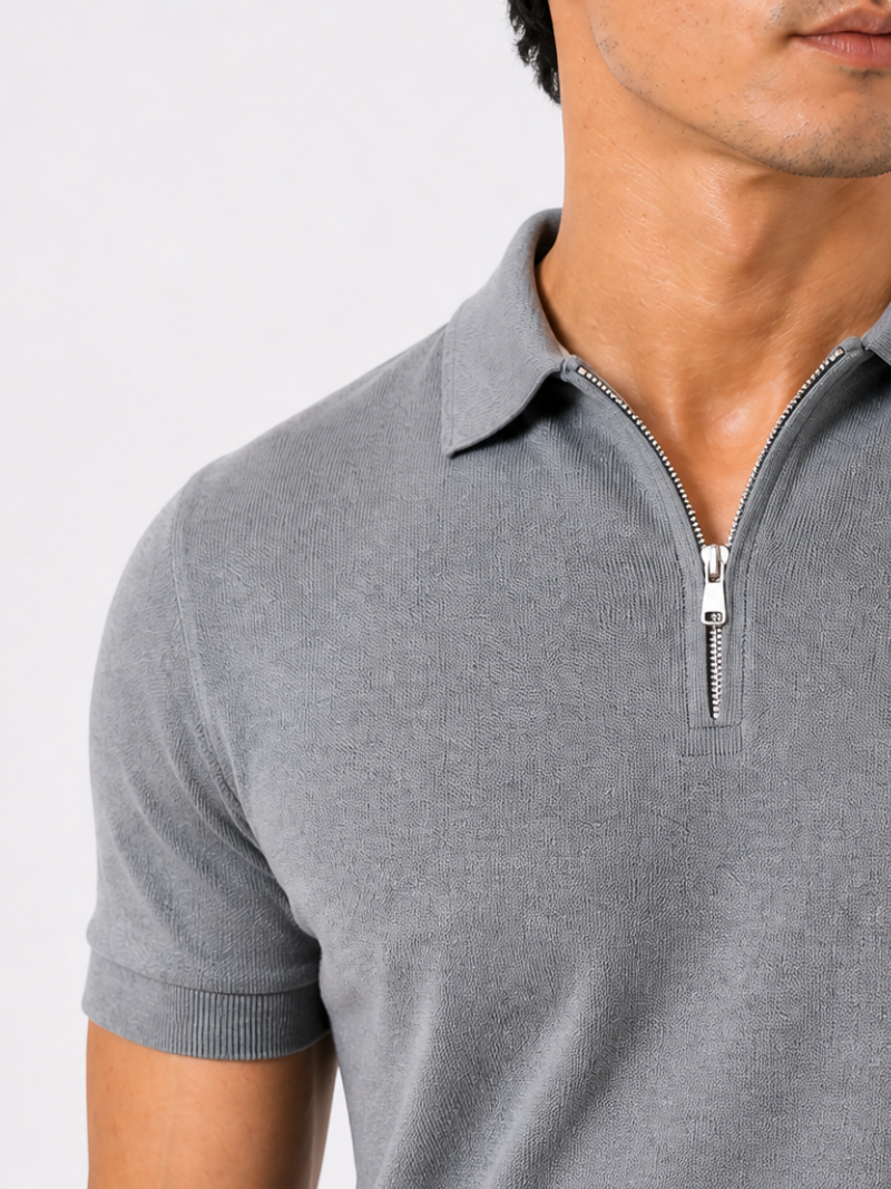 Men’s grey short sleeve quarter zip polo lightweight comfortable summer business casual wear