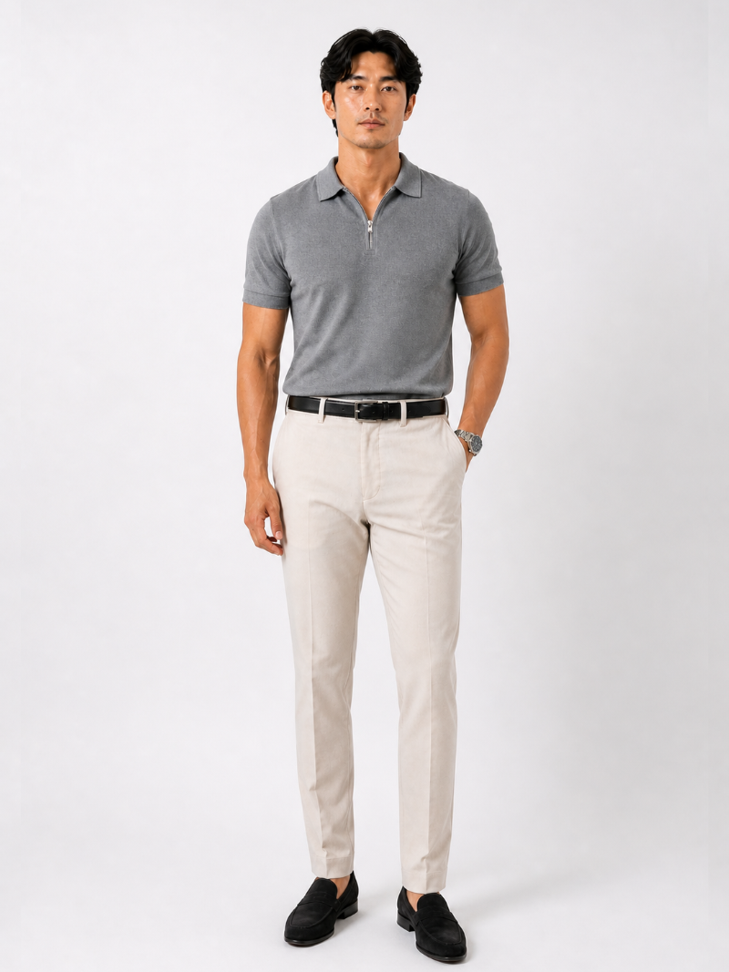Grey quarter zip polo shirt short sleeve minimal breathable top quiet luxury style