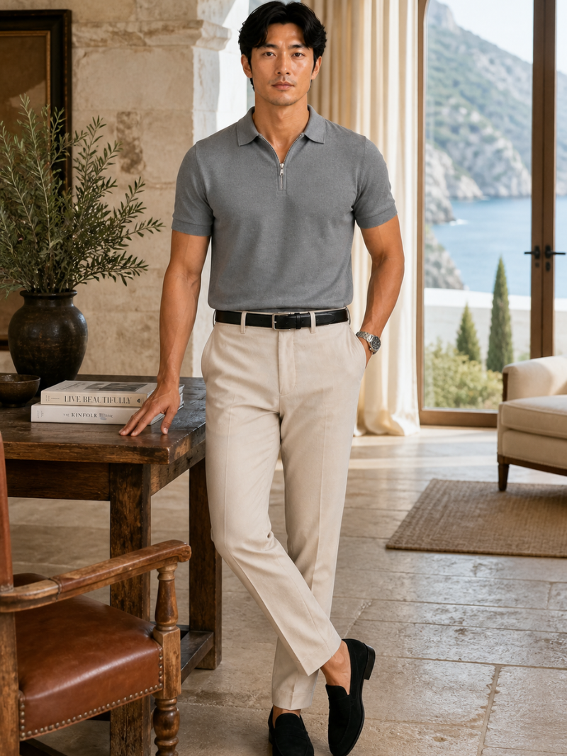 Grey short sleeve quarter zip polo soft breathable fabric modern business casual summer look
