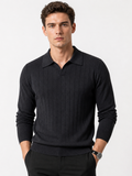 Men wearing black long sleeve jacquard knit polo shirt classic business casual spring style