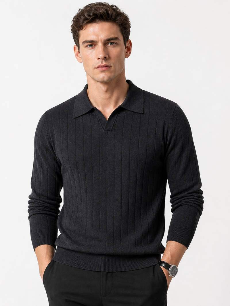 Men wearing black long sleeve jacquard knit polo shirt classic business casual spring style