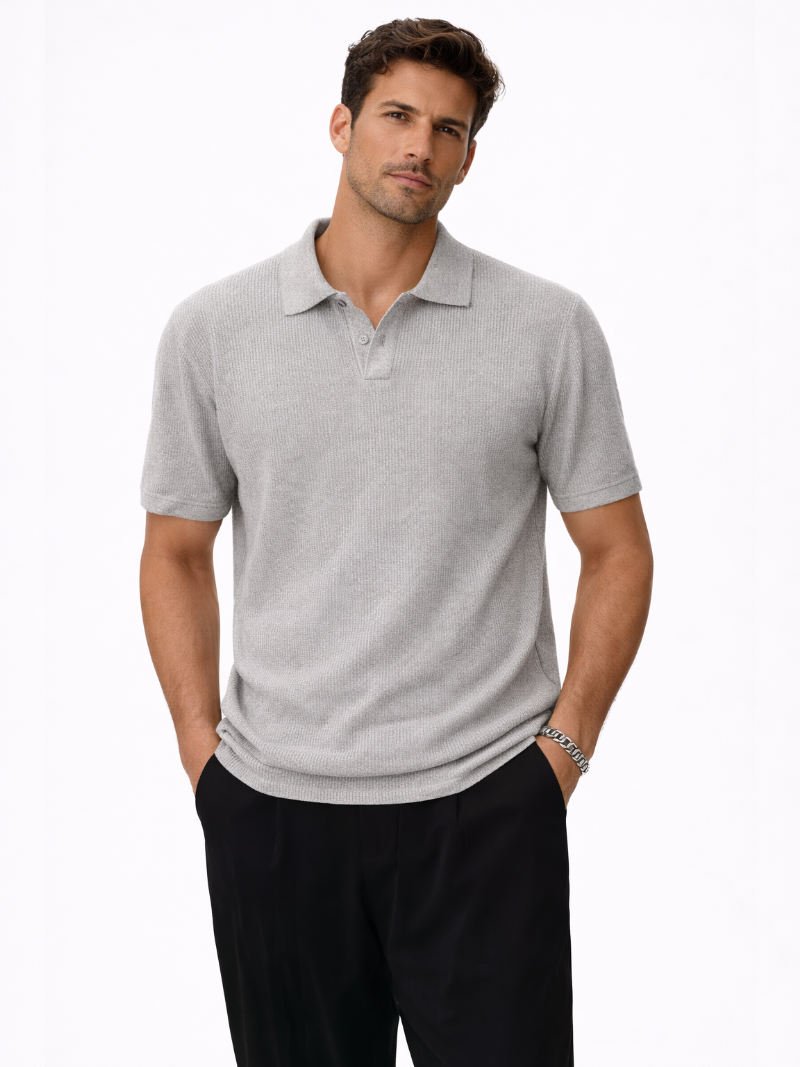 Grey organic mesh knit polo shirt for men breathable lightweight summer luxury outfit