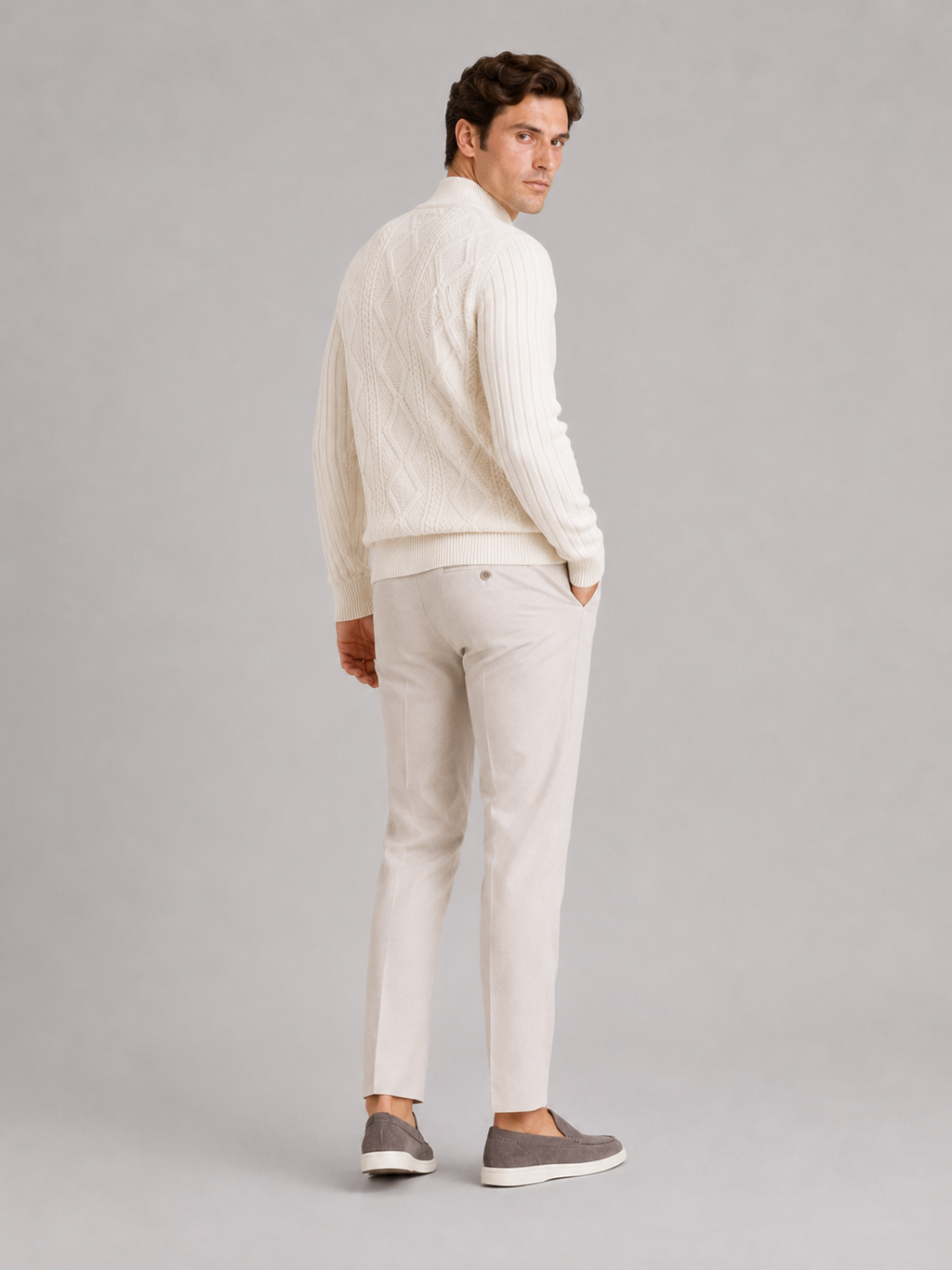 Men’s ivory jacquard knit pullover warm textured sweater for everyday fall winter outfits