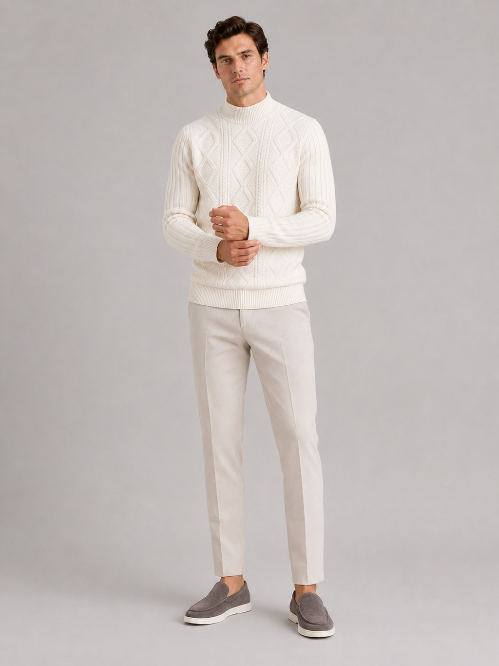 Ivory cable knit mock neck sweater for men warm pullover for business casual winter wear