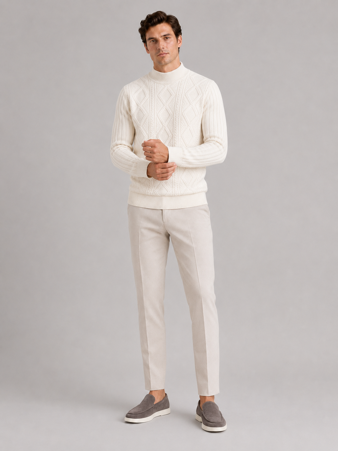 Ivory cable knit mock neck sweater for men warm pullover for business casual winter wear