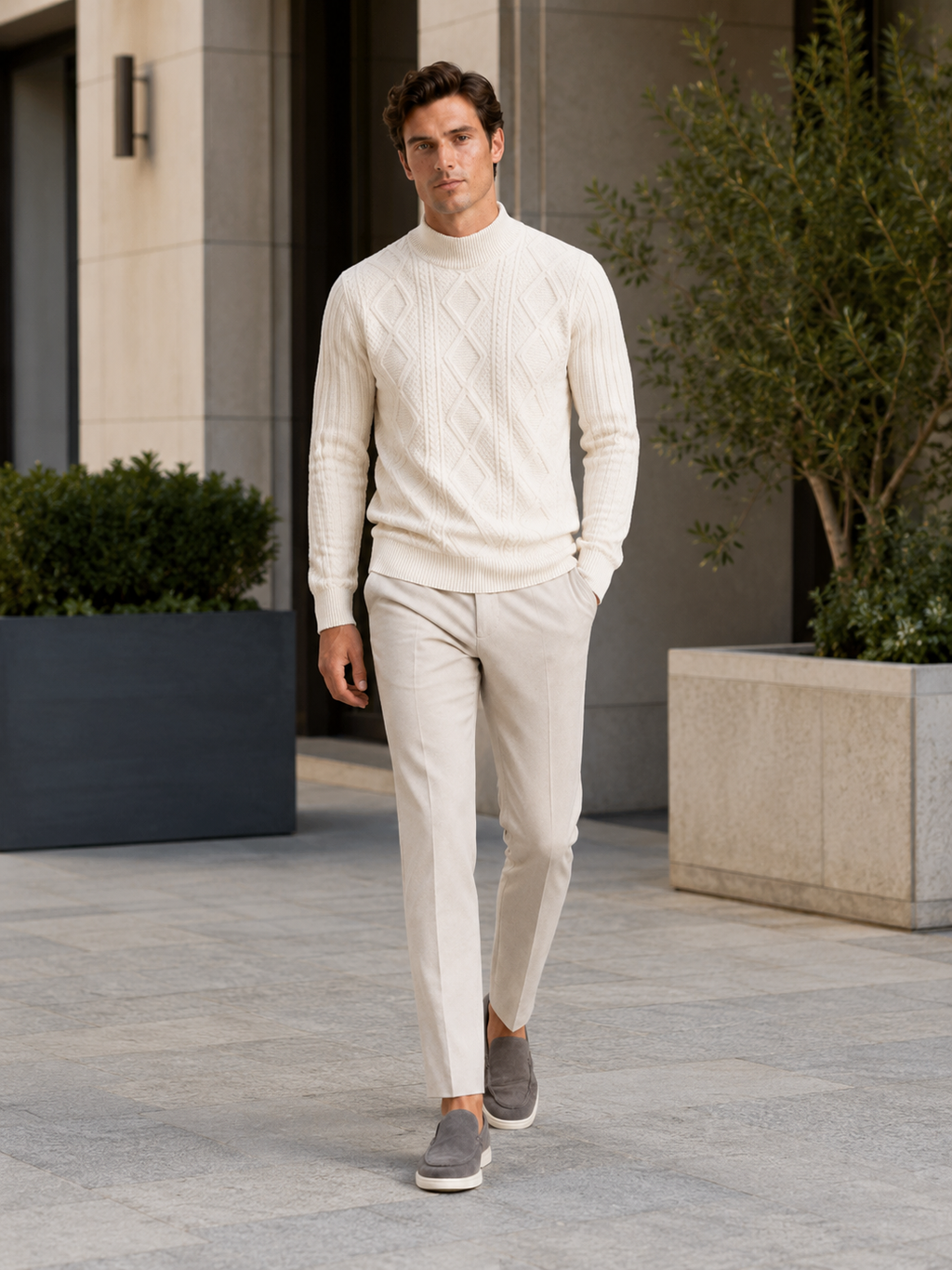 Man styling ivory cable knit mock neck sweater in a refined fall winter lifestyle outfit