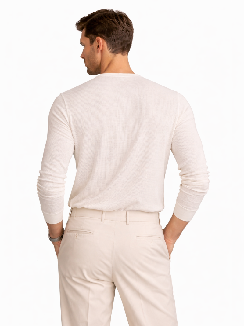 Ivory cotton waffle henley shirt long sleeve textured fabric lightweight breathable refined casual look