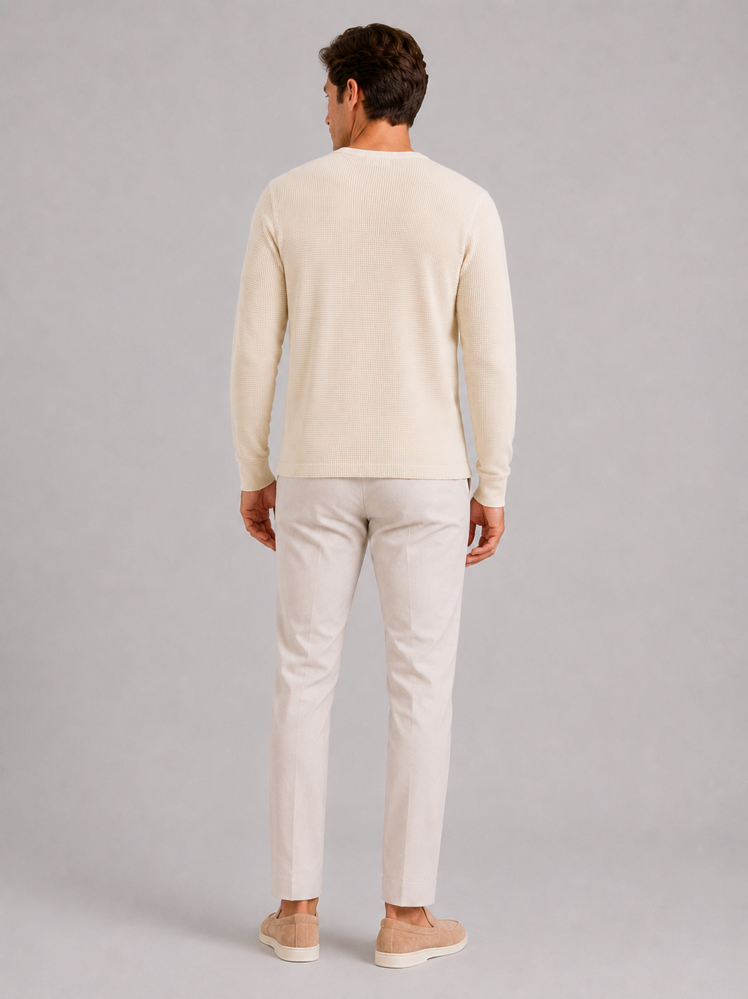Men’s ivory waffle knit henley breathable casual shirt for everyday and layered outfits