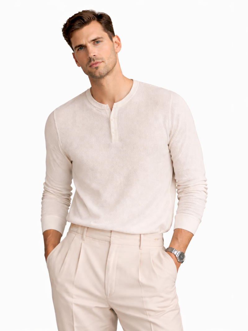 Ivory cotton waffle henley shirt long sleeve textured fabric lightweight breathable refined casual look