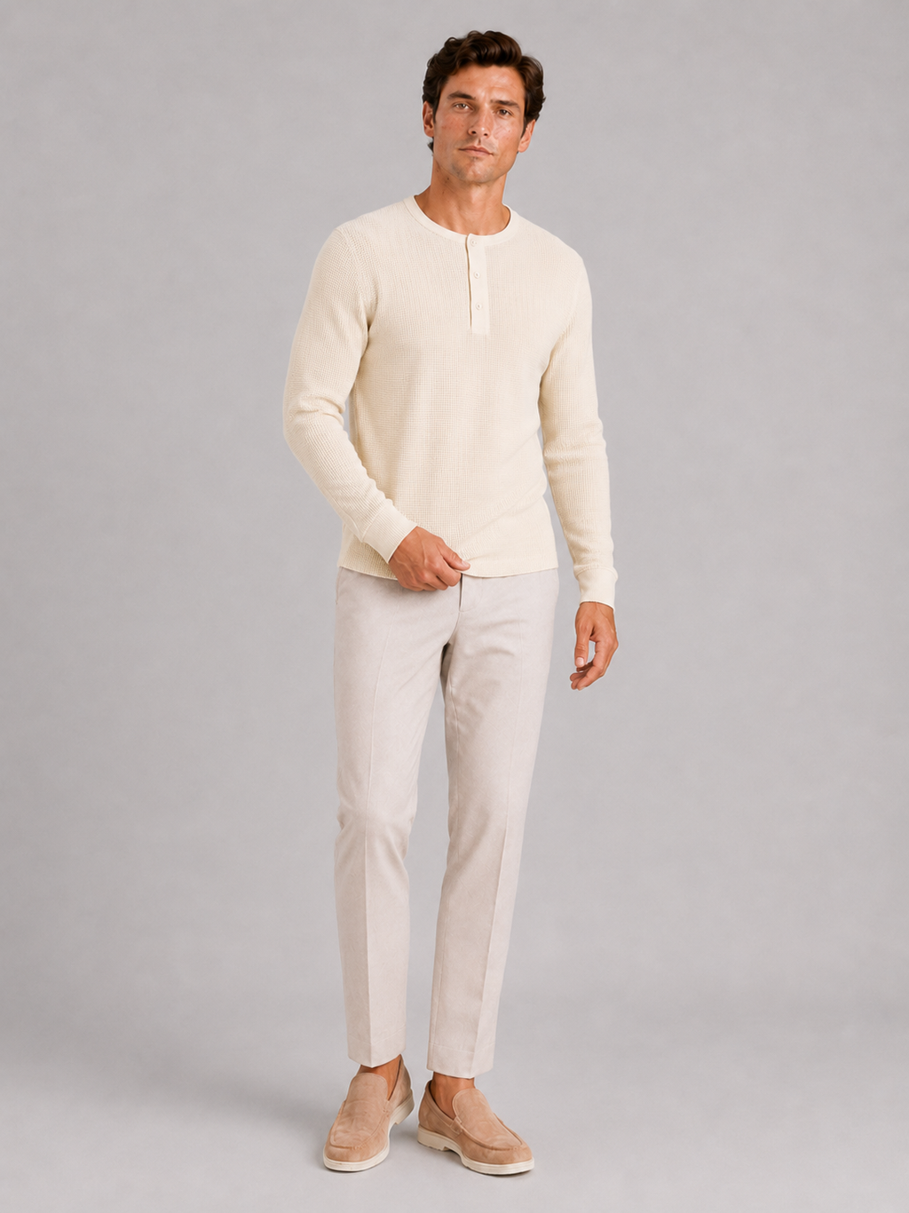 Ivory long sleeve henley shirt for men soft lightweight layering top for weekend wear