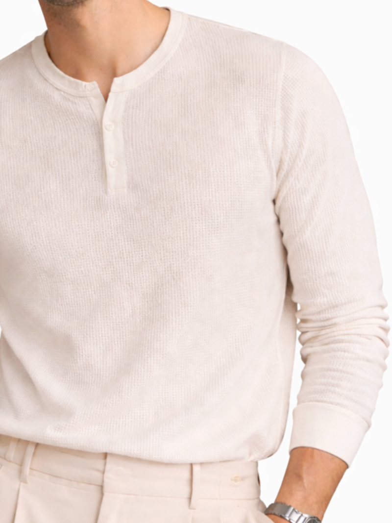 Men wearing ivory cotton waffle henley long sleeve shirt soft breathable lightweight luxury style