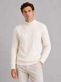 Men wearing ivory cable knit mock neck sweater jacquard twist texture warm fall winter style