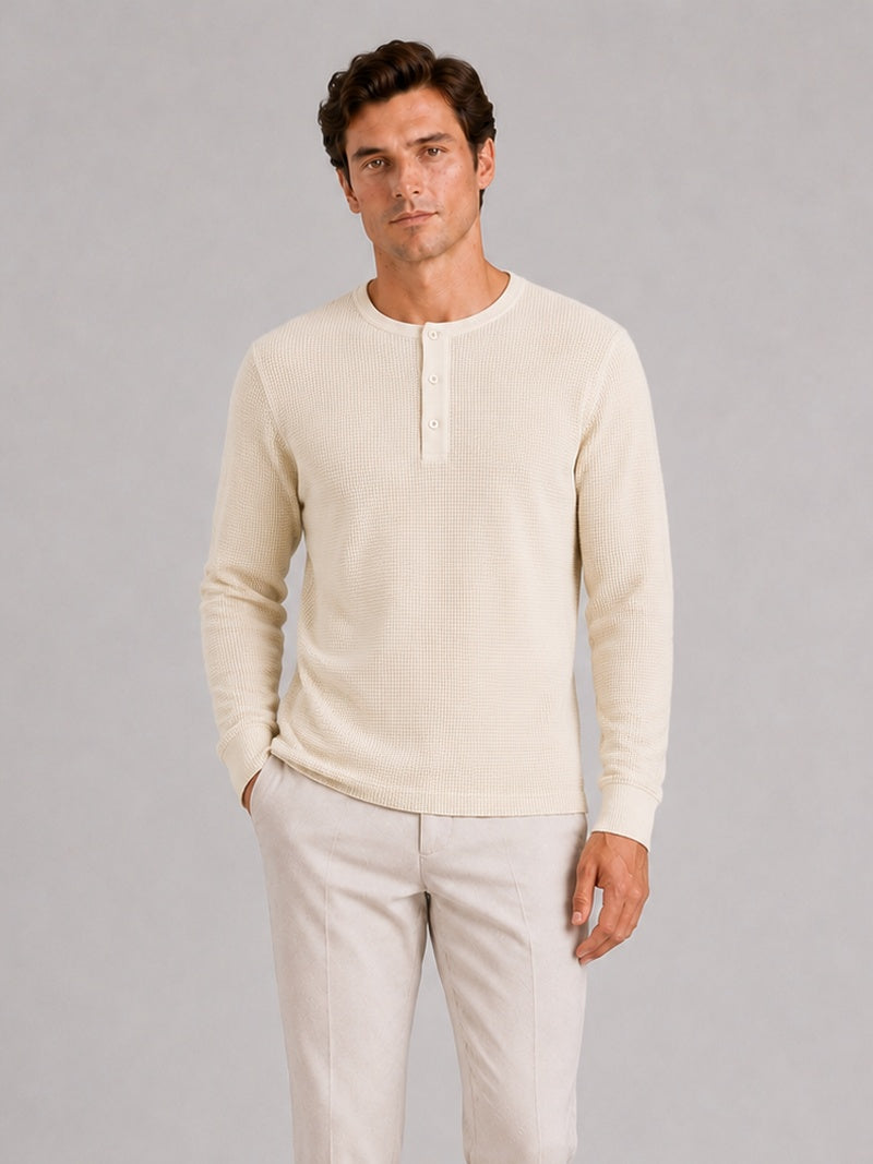 Men wearing ivory waffle knit henley shirt long sleeve lightweight textured casual style