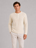 Men wearing ivory waffle knit henley shirt long sleeve lightweight textured casual style