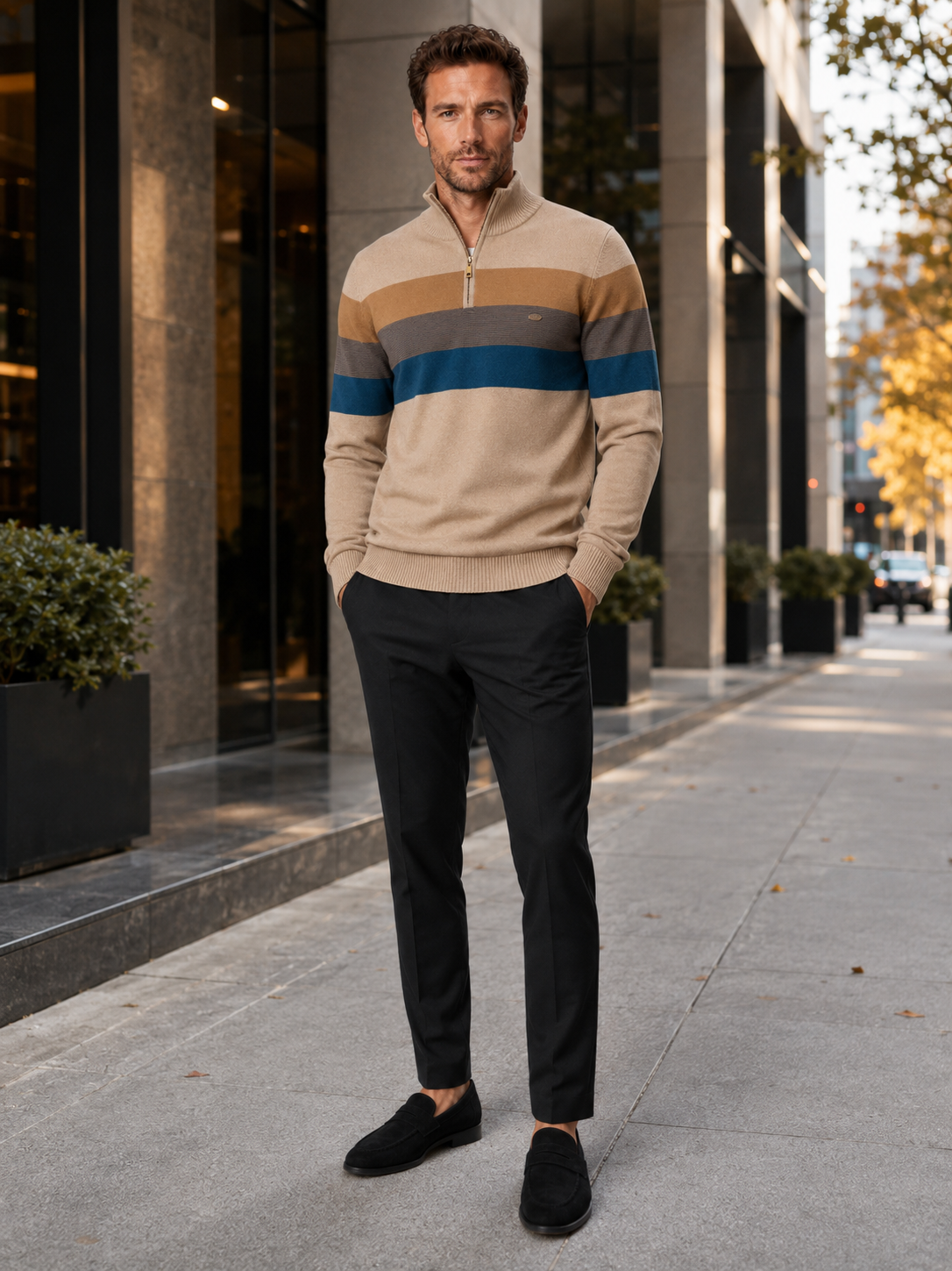 Man wearing a khaki patchwork cotton quarter zip sweater in a casual winter everyday outfit