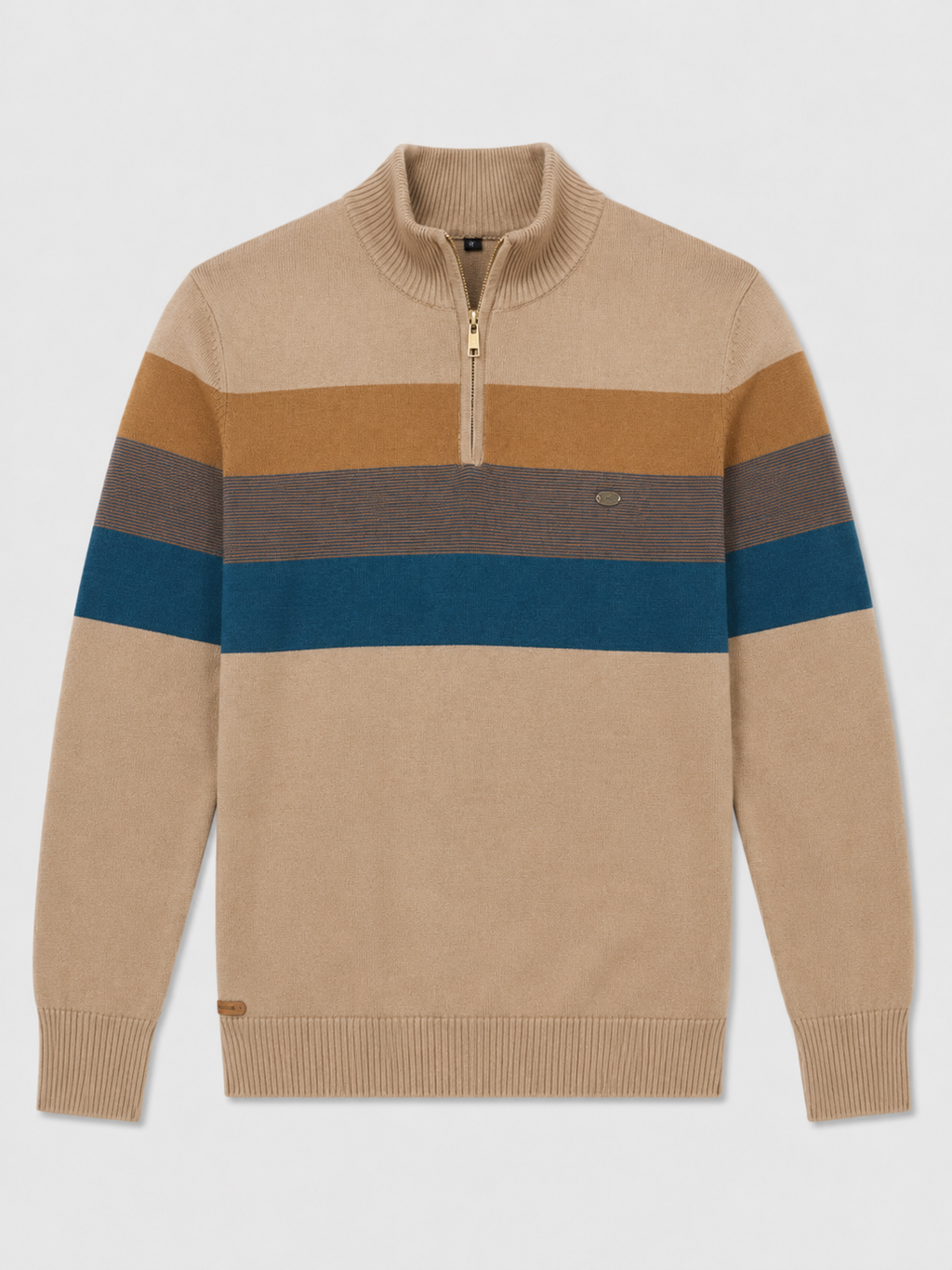 Khaki men’s patchwork cotton quarter zip sweater with mock neck displayed on a plain background