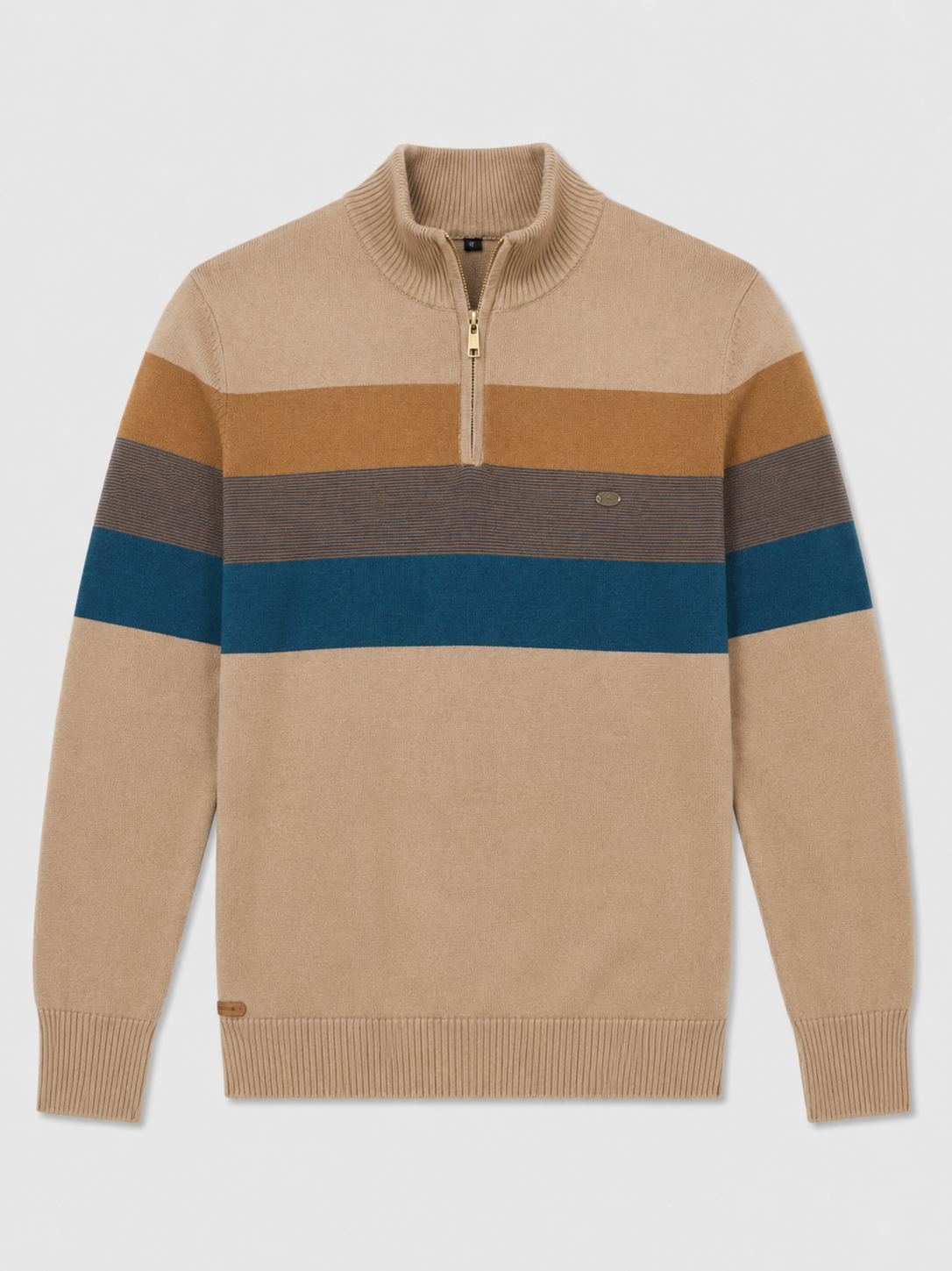 Khaki men’s patchwork cotton quarter zip sweater with mock neck displayed on a plain background