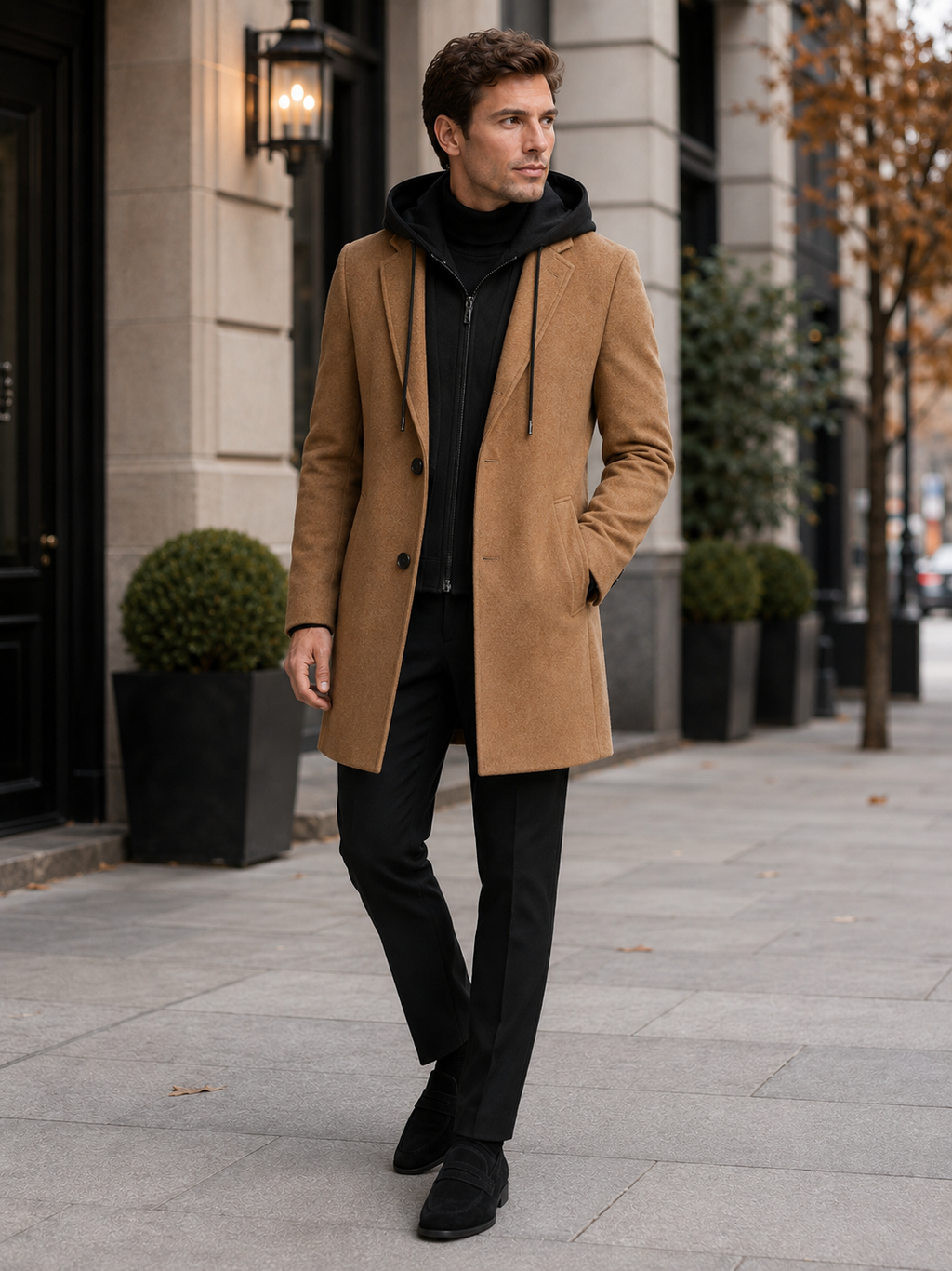Lifestyle photo of a man wearing a khaki wool hooded trench coat in a refined winter city setting, business casual and everyday style