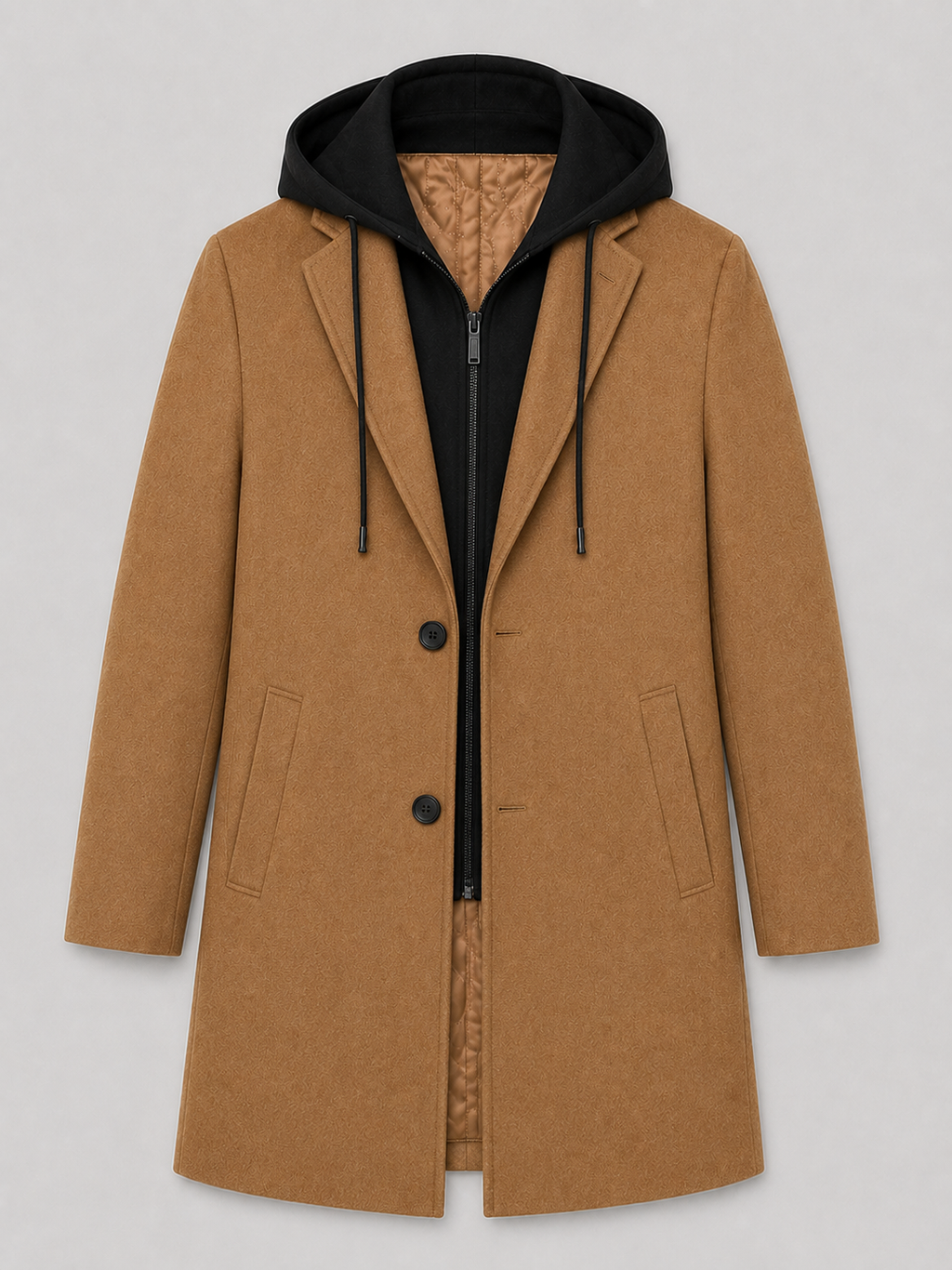 Product photo of a khaki wool hooded trench coat showing the full coat, structured silhouette, front closure, pockets, and warm fabric texture