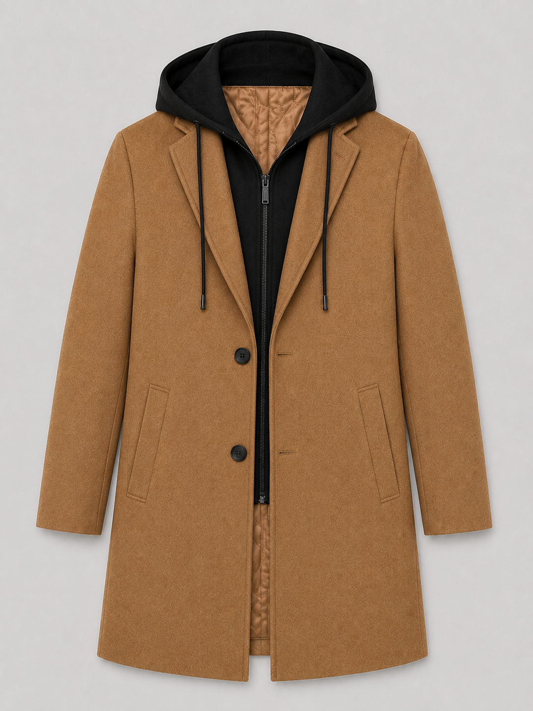 Product photo of a khaki wool hooded trench coat showing the full coat, structured silhouette, front closure, pockets, and warm fabric texture