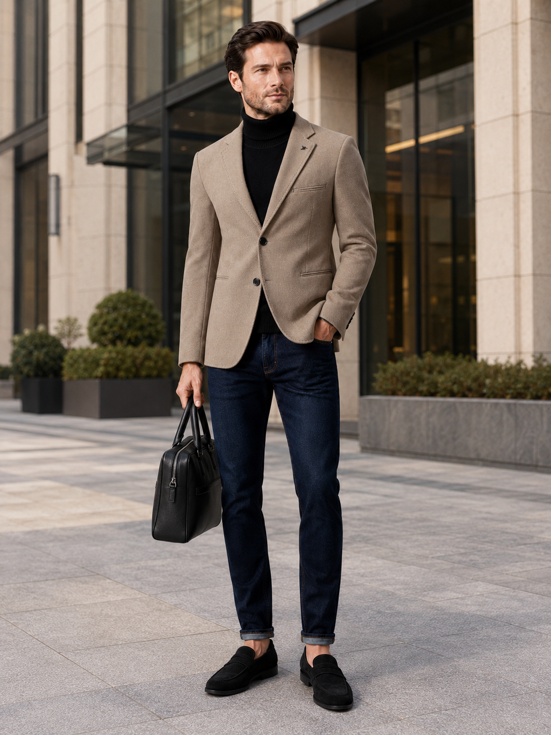Man styling khaki slim fit blazer in a polished office and business casual lifestyle outfit