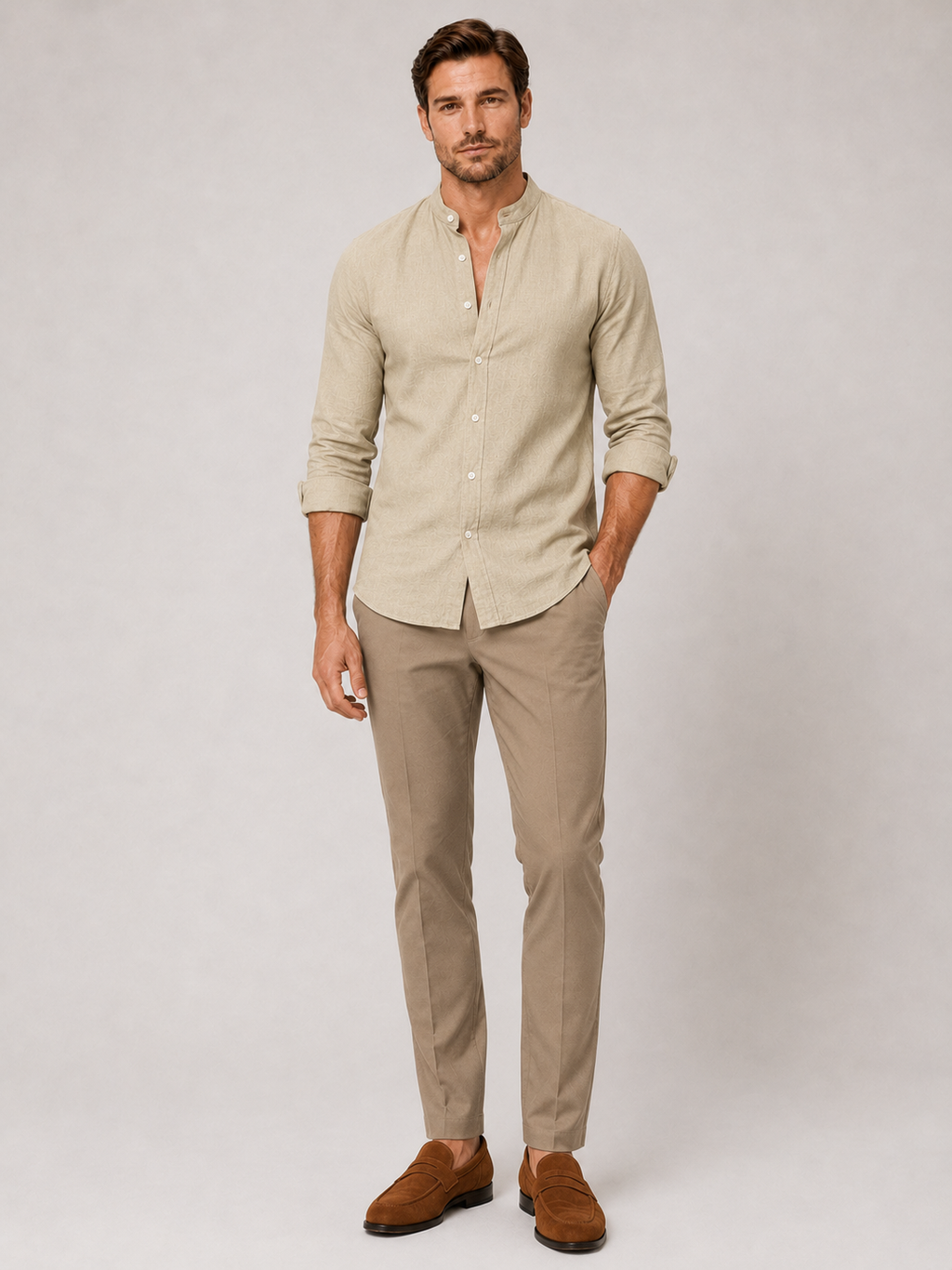 Khaki cotton linen collarless shirt for men long sleeve summer top for vacation and everyday wear