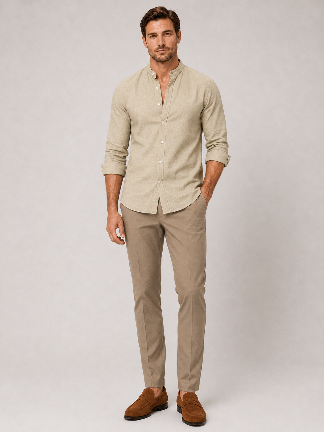 Khaki cotton linen collarless shirt for men long sleeve summer top for vacation and everyday wear