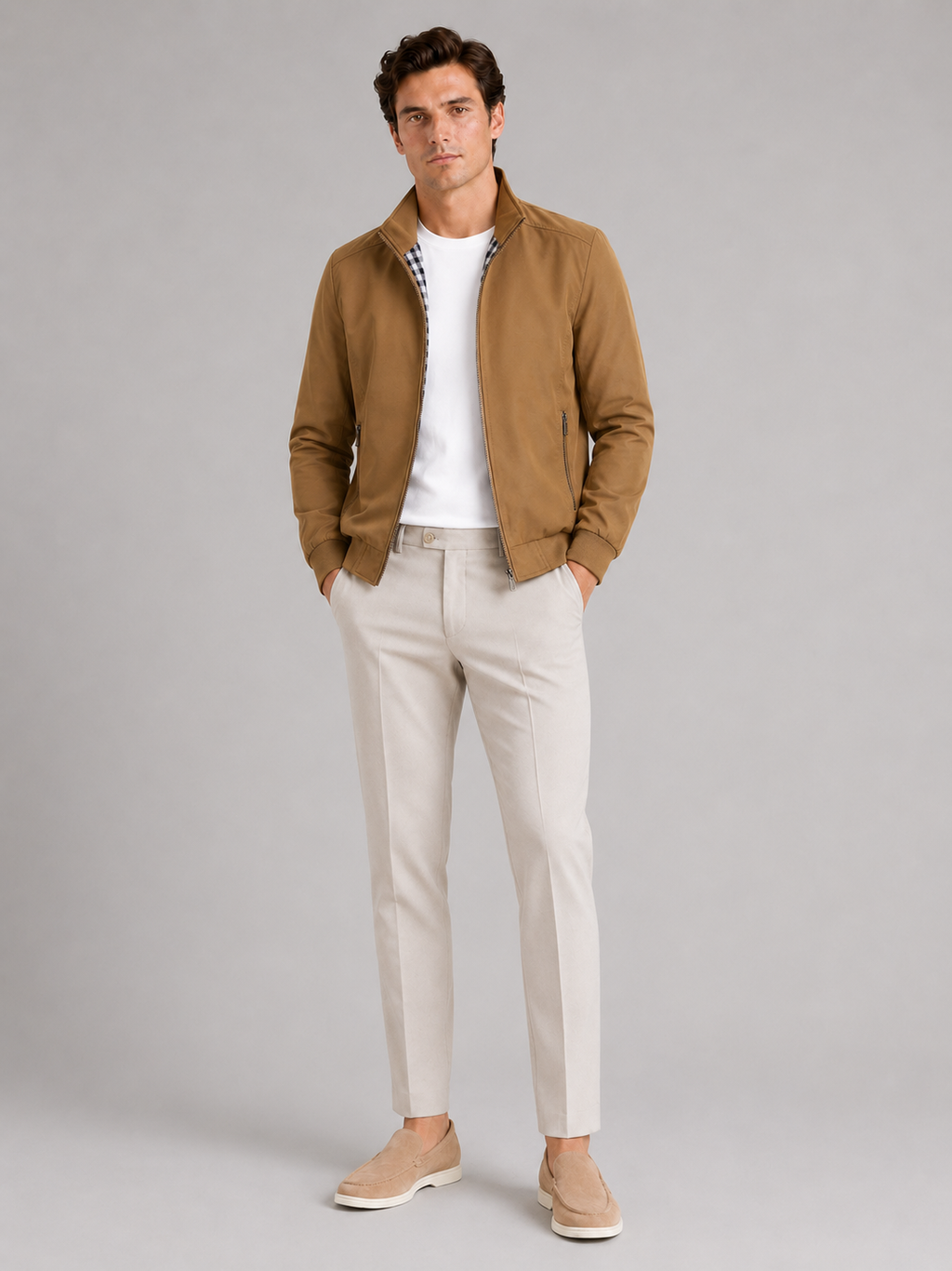 Khaki bomber jacket for men slim fit lightweight outerwear for travel and everyday wear