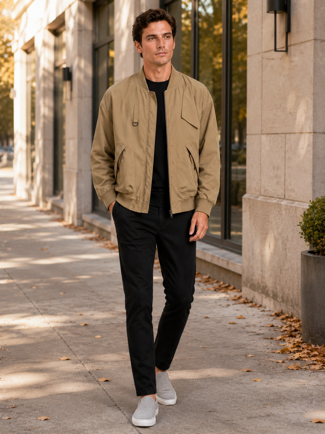 Man styling khaki bomber workwear jacket in a relaxed everyday casual lifestyle outfit