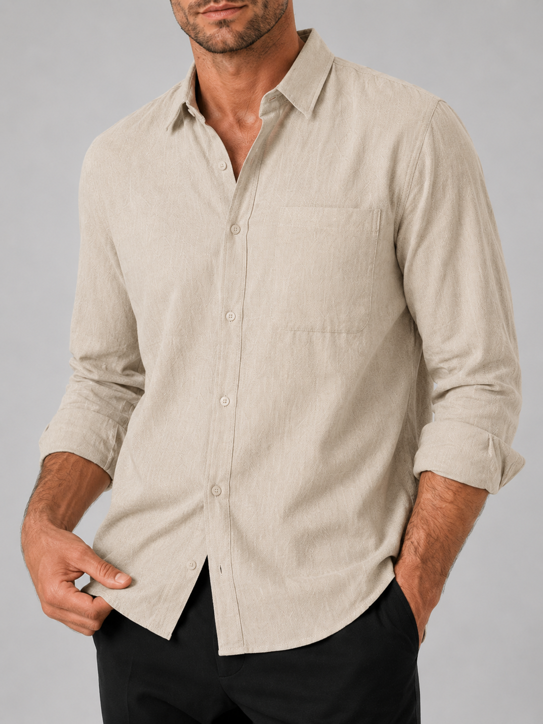 Close up of khaki button down shirt showing lightweight breathable fabric and classic collar detail
