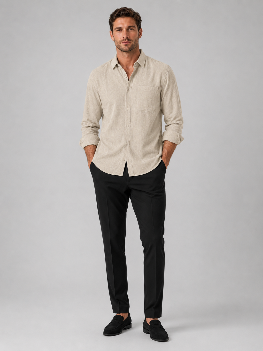 Khaki button down shirt for men long sleeve summer top for vacation and everyday wear