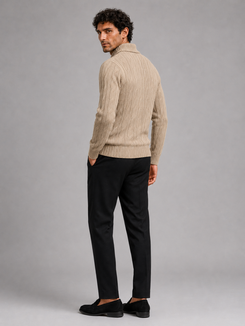 Men’s khaki cable knit pullover thick warm sweater for fall winter everyday outfits