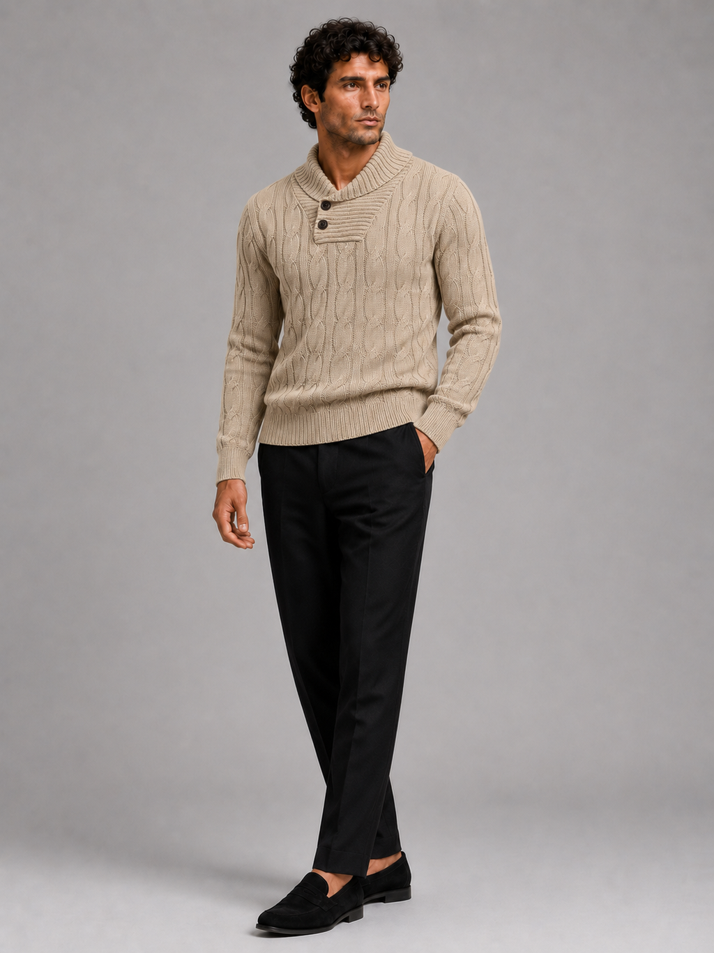 Khaki fisherman v neck sweater for men warm long sleeve pullover for outdoor casual wear
