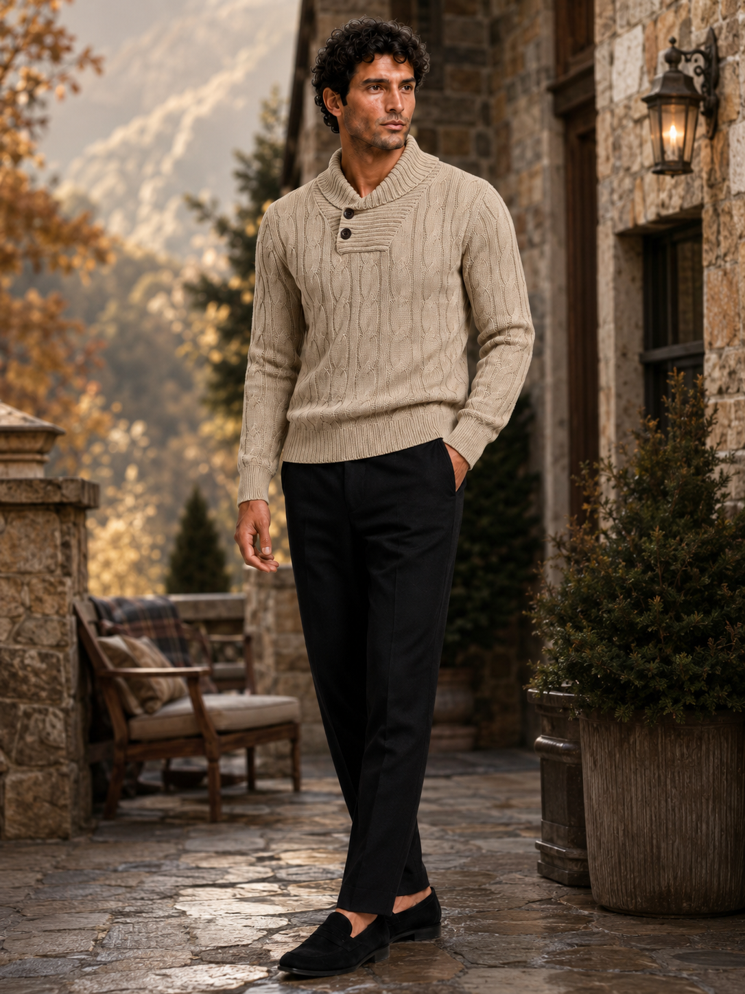 Man styling khaki fisherman cable knit sweater in a rugged fall winter outdoor lifestyle outfit