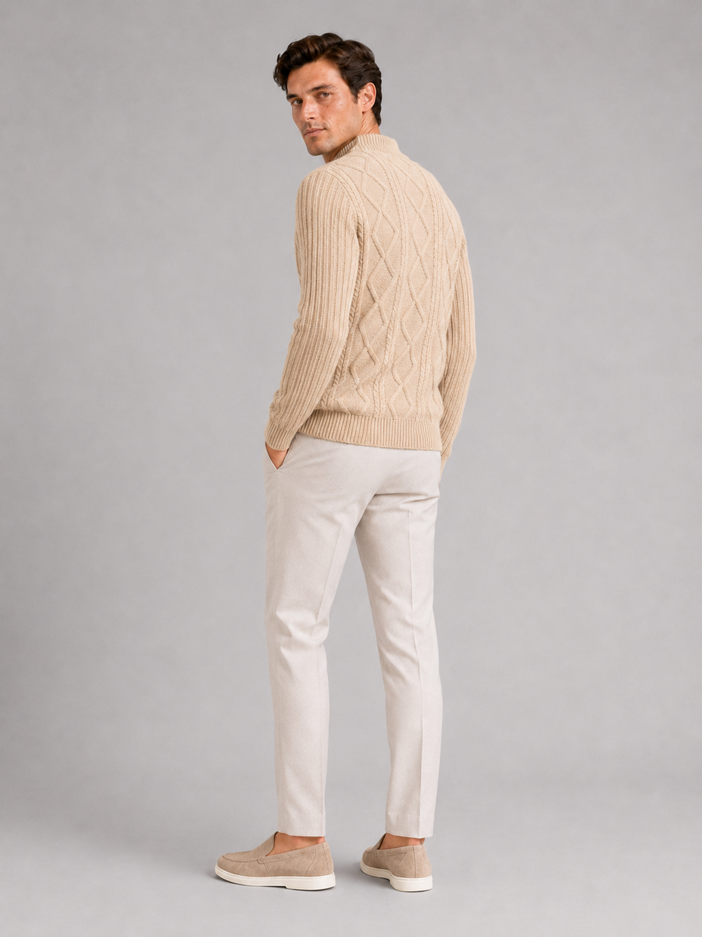 Men’s khaki jacquard knit pullover warm textured sweater for everyday fall winter outfits