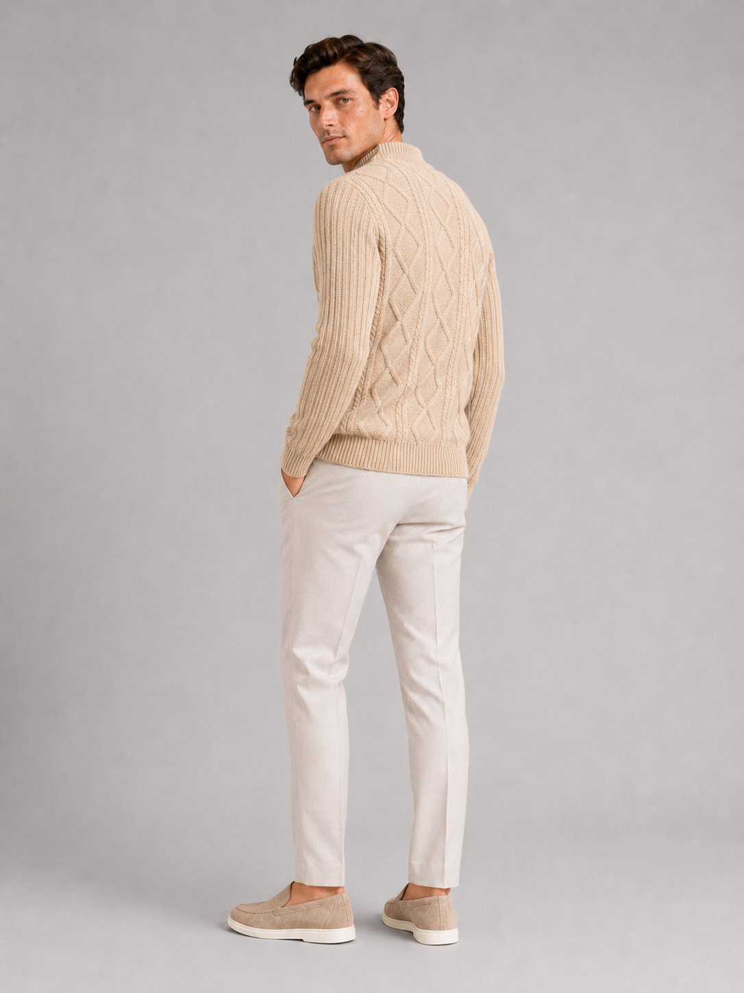Men’s khaki jacquard knit pullover warm textured sweater for everyday fall winter outfits