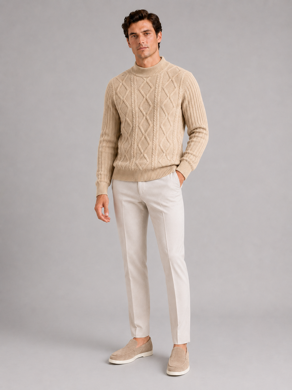 Khaki cable knit mock neck sweater for men warm pullover for business casual winter wear