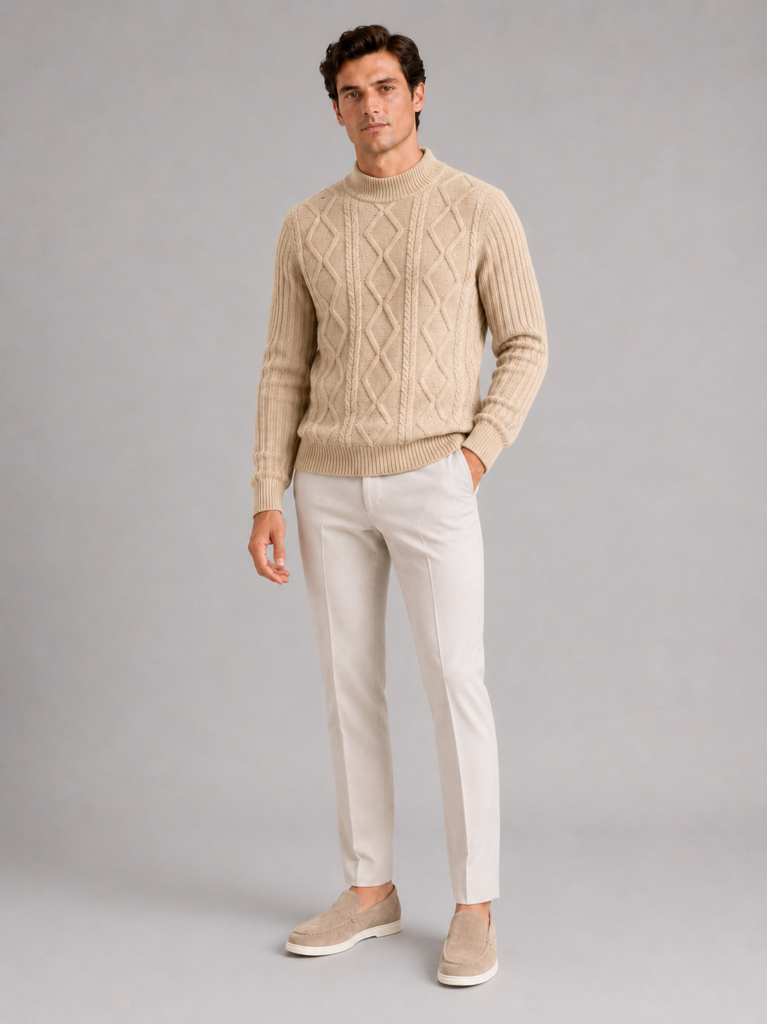 Khaki cable knit mock neck sweater for men warm pullover for business casual winter wear