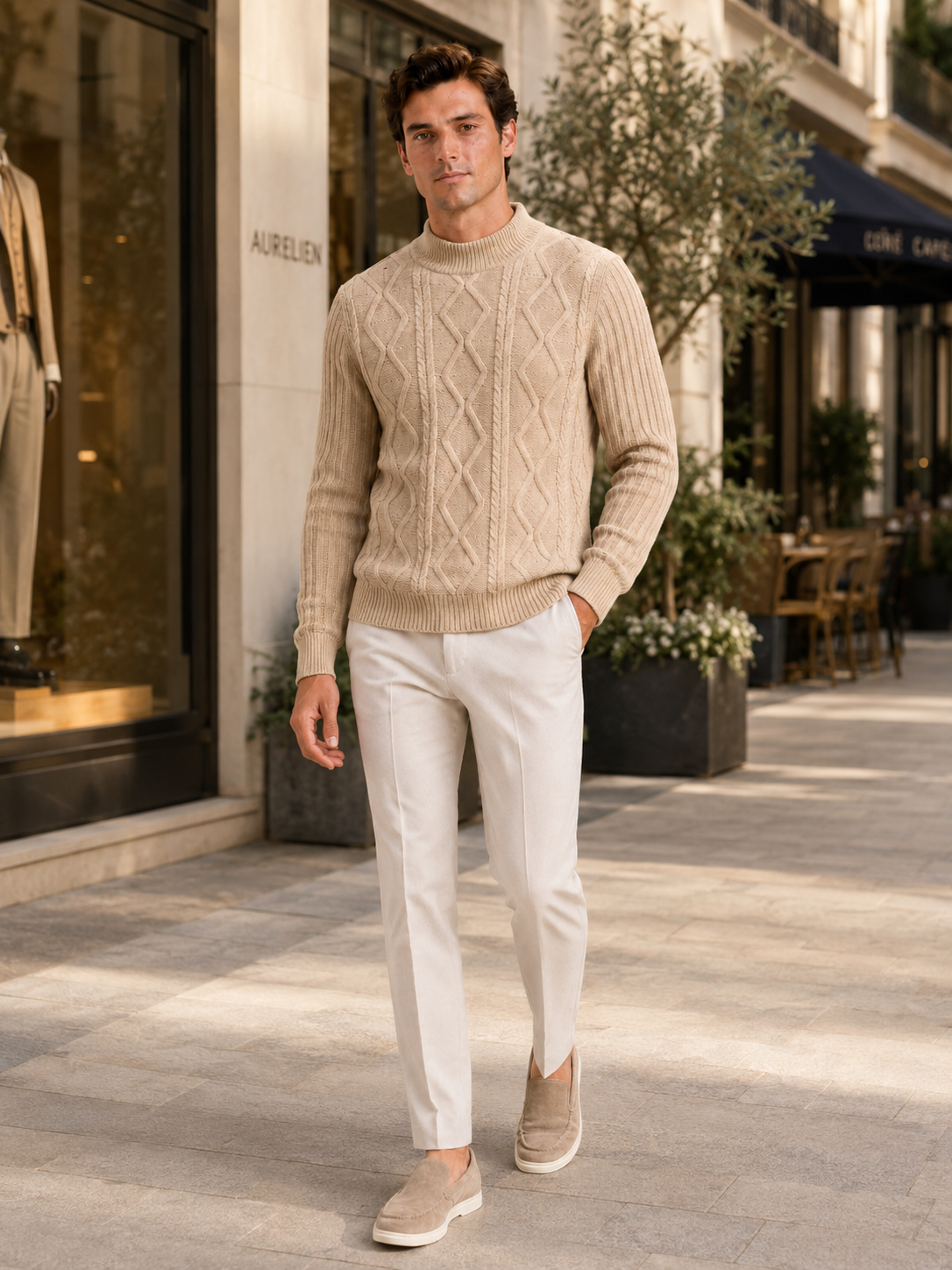 Man styling khaki cable knit mock neck sweater in a relaxed fall winter lifestyle outfit