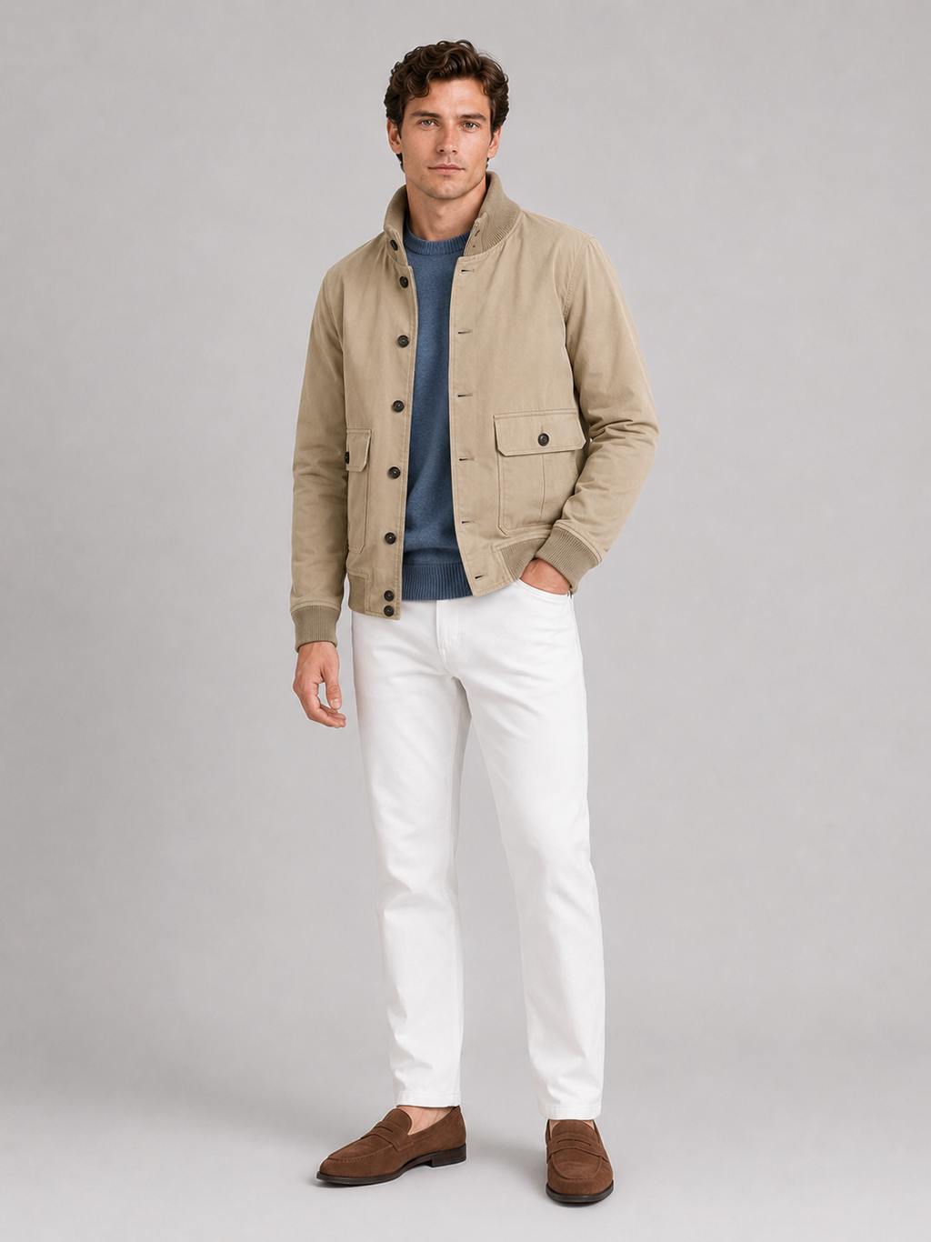 Khaki cargo jacket for men stand collar fall winter outerwear for everyday and outdoor wear